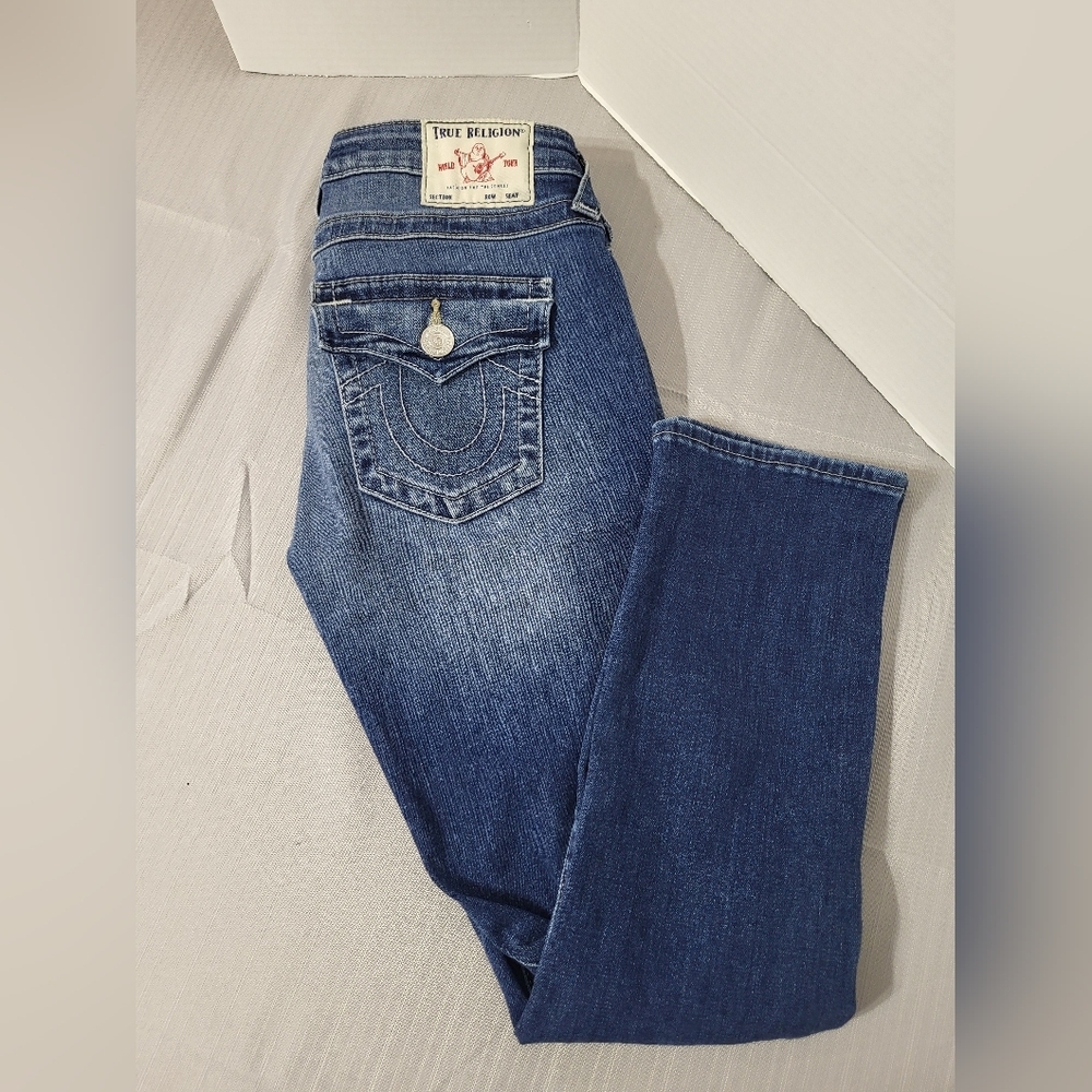 True Religion Womens Blue Distressed Skinny Jeans, Size 26